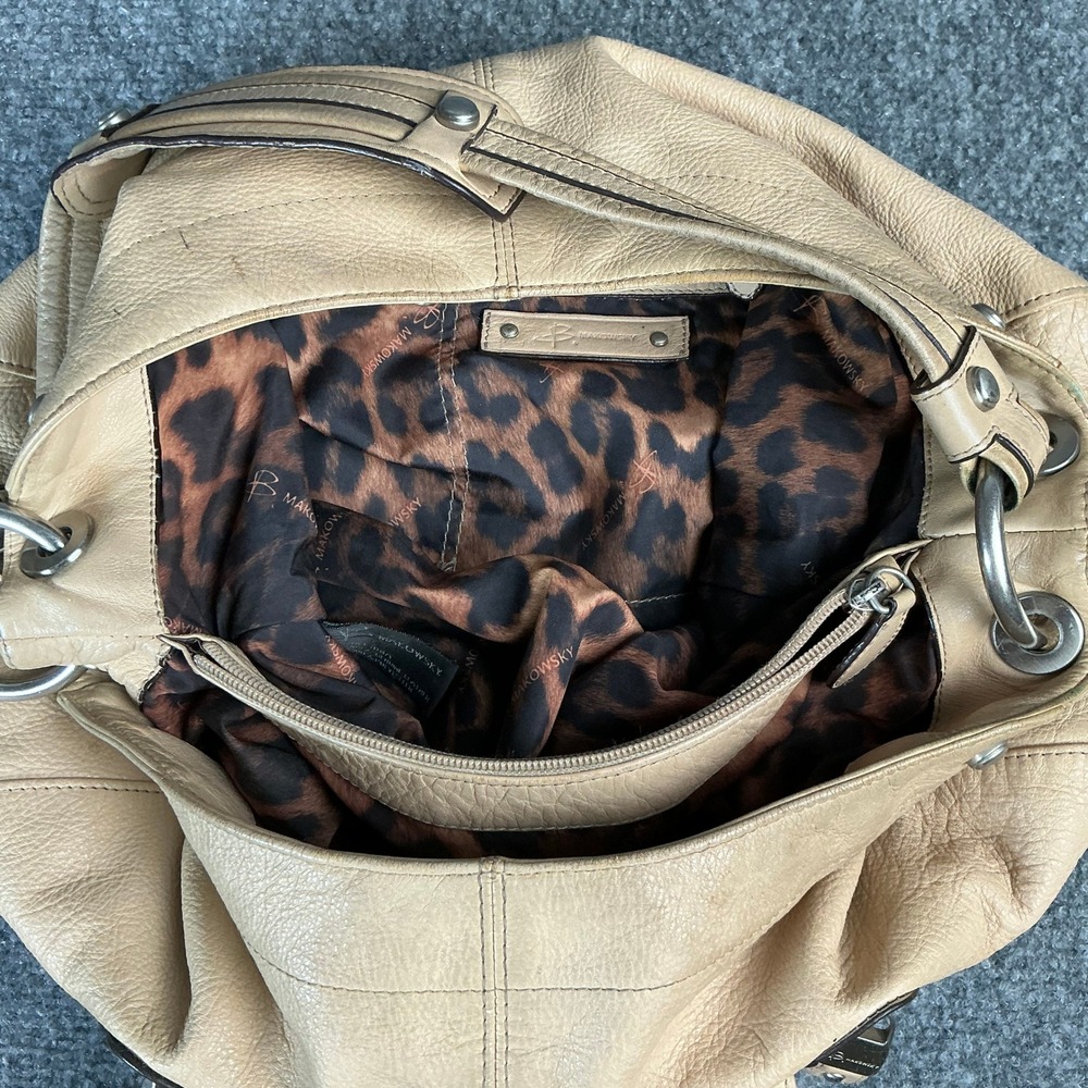 B. Makowsky Tan Pebbled Leather Hobo Bag Silver Hardware Leopard Lining - Picture 7 of 7